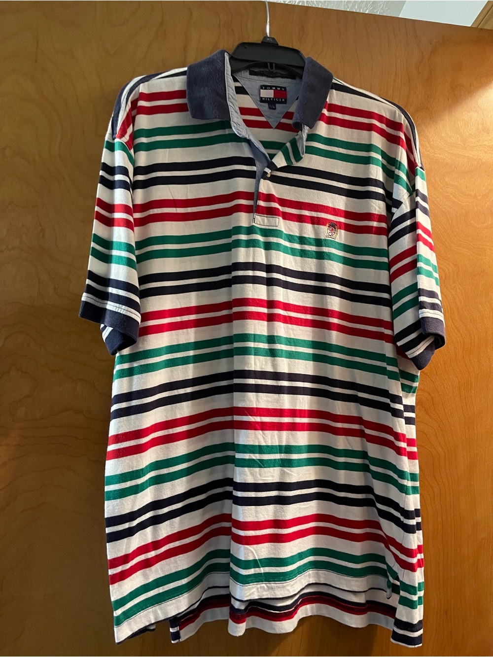 Mens Tommy Hilfiger  Striped Polo Shirt - Red, Green, Navy on White. Size Large